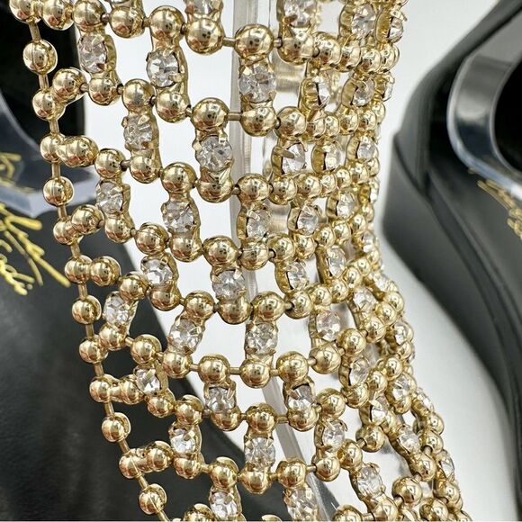 Thalia Sodi‎ Black Tibby Gold/Crystal Mesh Embellished Wedge Open-Toe Sandals 5M - Picture 9 of 16